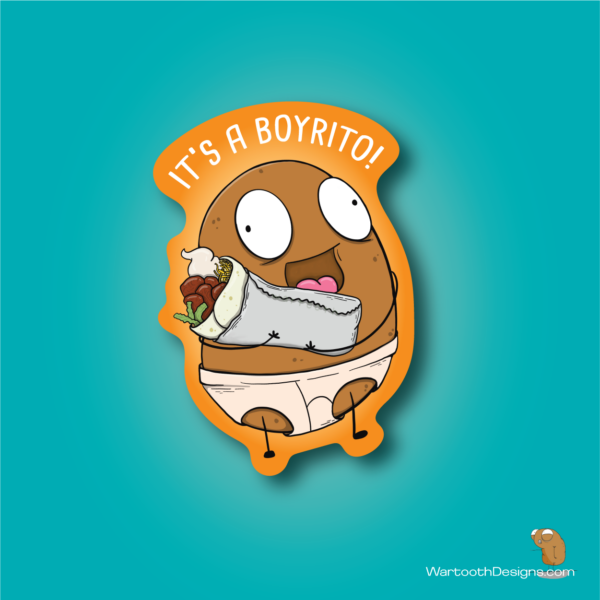 Sticker of a potato holding a giant burrito