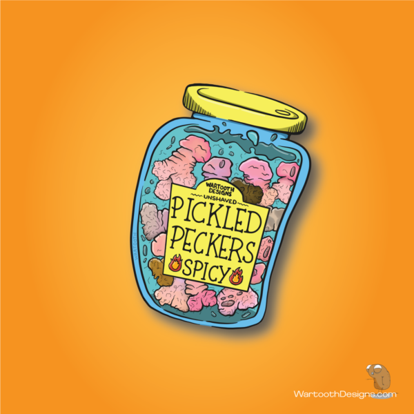 A illustrated jar of pickled penis. Label reads "Pickled Peckers Spicy Unshaved"